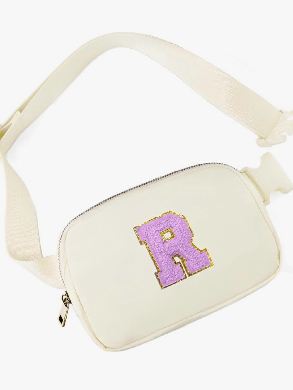 Cream Crossbody Belt Bag with Lavender Letter Patch
